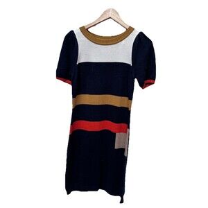 Eliza J Block Print Sweater Dress Women's Sz M Cable Knit Knee Length Mod